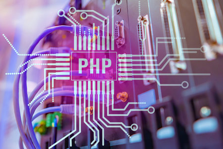 PHP made of circuit board lines. Chip silhouette with PHP inscription. Network hardware. Concept -...