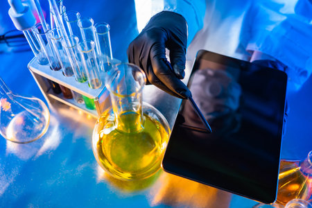 Tablet in the hands of the laboratory assistant. Few test tubes on the medic's desk. Medecine. Concept - Doctor shows a tablet. Epidemiology. Study of pneumonia. Pandemic Control Fever investigationの写真素材