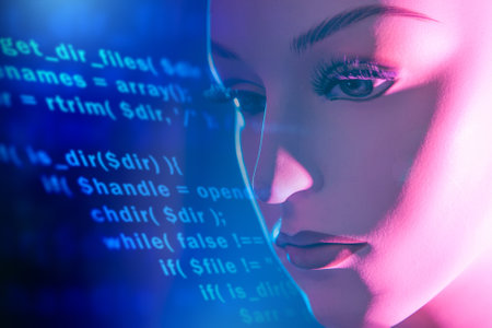 Woman next to a computer code. Manikin on the background of computer code. Concept - a woman works as a programmer. Robotization Software development for robots. Humanoid robot production.の写真素材