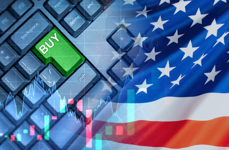 US flag next to the Buy key. Buying a business in the United States. A good time to invest in the...