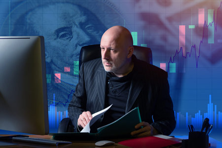 Man next to a computer. Investor during work. Concept - successful investor. Businessman is watching...