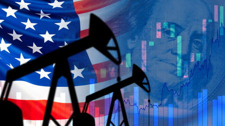 Oil pumps next to the USA flag. America flag next to growing charts. Concept - increase in the cost of gasoline. Charts for oil prices go up. Increase in cost of shale oil. Franklin. Export.の写真素材