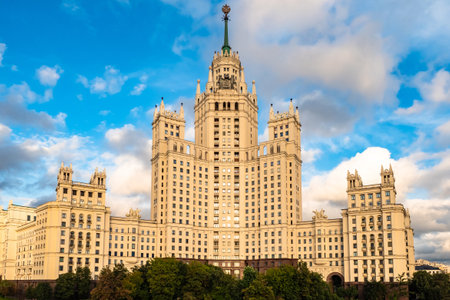 Moscow. Russia. High-rise on the embankment close-up. House on Kotelnicheskaya Embankment. Moscow architecture. Seven sisters in Russia. Sights of Moscow. Russian architecture. Capital on summer dayのeditorial素材