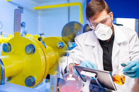 Laboratory assistant at the refinery. Concept - crude oil refining. Concept - process of producing...