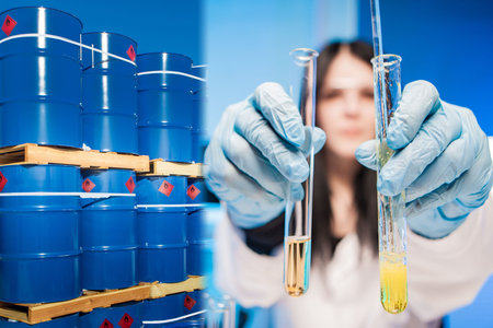 Laboratory assistant shows test tubes. Concept - oil of different brands in test tubes of a lab...