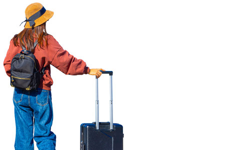 Girl with a suitcase a white background. Concept - travel. Girl stands with her back to the camera....