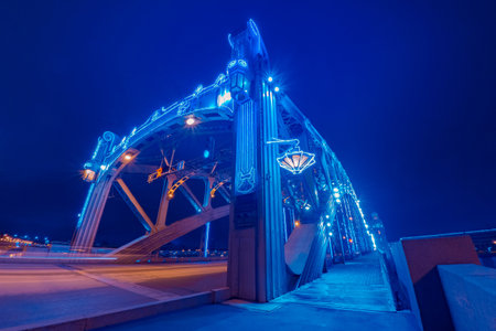 A garlanded bridge against a dark sky. The bridge is decorated for Christmas. Saint Petersburg Bridges. Bolsheokhtinsky bridge in the evening. View of the evening city. New year in Russia.の写真素材