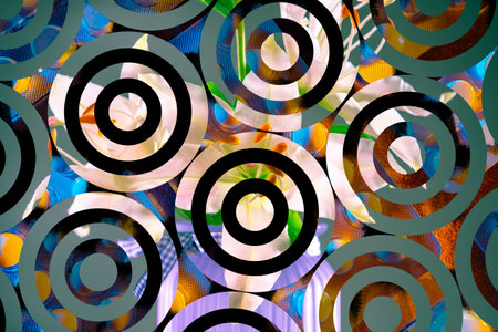 Abstract background. Floral background with many rings. Translucent rings make up the texture. Concept - gardening only. Flowers with white petals. Flora. Geometric abstraction. Plants.の写真素材