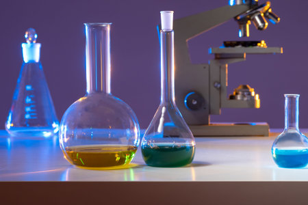 Test tube on table close up. laboratory glassware next to microscope. test tube with multi-colored...