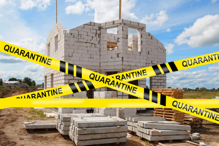 Construction site during quarantine. Warning tape on the background of a house under construction. Concept - builders were quarantined. Freezing work in connection with a pandemic. Insulation.の写真素材