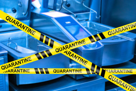 Closing quarantined restaurants. Deep fat fryer as a symbol of fast food establishments. Concept - kitchen is closed due to epidemiological danger. Quarantine due to danger of infection. Warning tapeの写真素材
