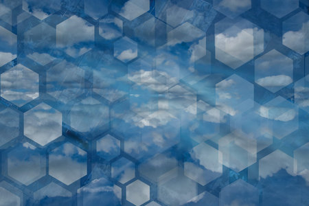Abstract background with clouds. Background from the sky and geometric shapes. Translucent hexagons....