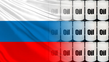URALS. Russia's influence on oil prices. Russian flag next to the barrels. URALS trade in oil. Oil logo on white barrels. The concept is hydrocarbon production in Russia. Concept - Russia at OPECの写真素材