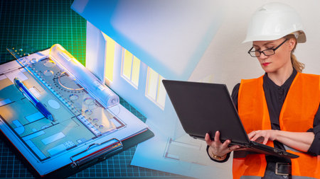 Process developing architectural project. Architect creates drawings through computer. Concept - software for architects. Girl with laptop. Woman in builder uniform. Ruler next to drawings of houseの写真素材