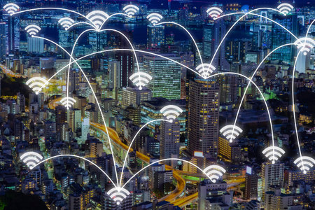 Wireless Internet. Lines go from one WiFi icon to another. WiFi icons over residential buildings....