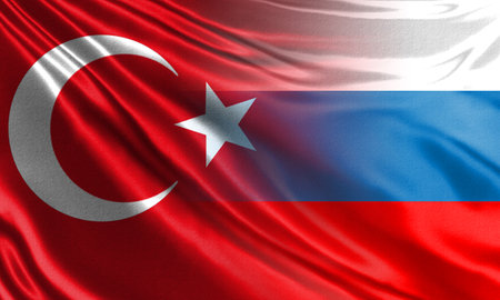 Flag of Turkey smoothly passes into the Russian flag. Concept - relationship between Moscow and Ankara. Policy. Relations between countries. Concept - negotiations between Russia and Turkey.の写真素材