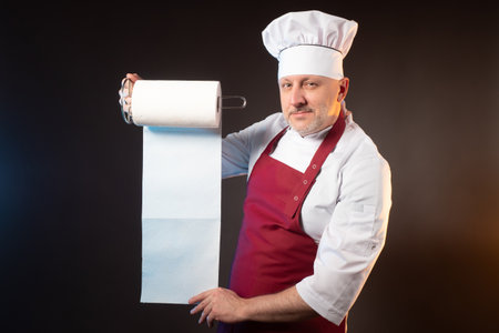 Restaurant business. Chef looks at the camera, smiles and holds a roll of paper towels. Place for text on paper napkins. Chef invites to his restaurant. Man in a chef uniform on a dark background.の写真素材