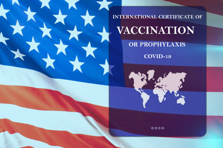 virus vaccination for visiting the United States. Certificate of vaccination on the background of American flag. Prevention of the virus in America.の写真素材