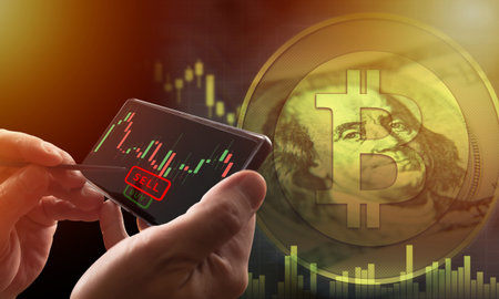 Bitcoin sale. Investor sells bitcoin via telephone. Applications for investing in cryptocurrencies....