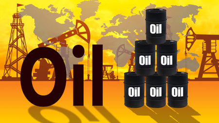 Oil. Barrels of oil stand in form of a pyramid. Concept - situation with the oil in the world. Towers and pumps for oil production. Drilling towers on the horizon. Concept - petroleum exports. OPEC.の写真素材