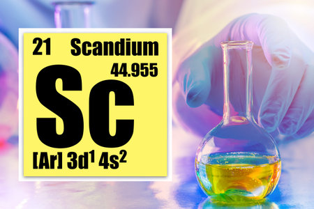 Cell with Sc. Scandium element closeup. Chemical characteristics of scandium. Concept - the study of...