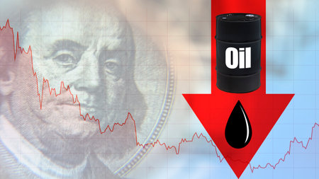 Drop in crude oil prices. Record low oil price. Inscription oil on a black barrel. Concept - severe crisis in fuel market. Red arrow indicates a price collapse. Chart next to a portrait of Franklin.の写真素材