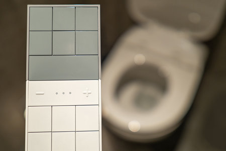 Control unit for the automation system in the toilet. Control unit with space for text on the buttons on the background of the toilet. Control of lighting, ventilation, plumbing equipment.の写真素材
