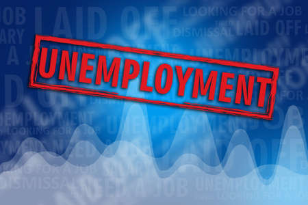Words that symbolize the problem of unemployment. The red word Unemployment on a blue background. Graphs and words about losing and finding a job. Job reduction. Decrease in number of vacant jobs.の写真素材
