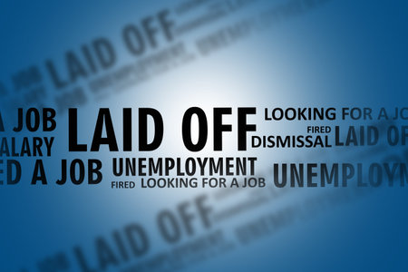 The concept of unemployment on a blue background. Disturbing words about losing your job. Stress...