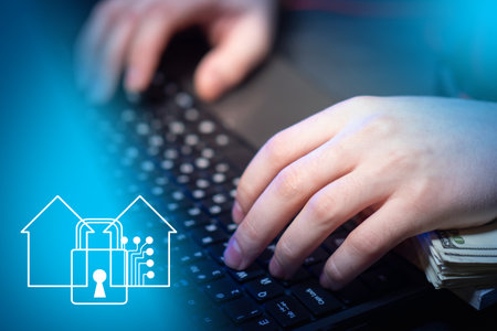 The man connects to the smart home system. Price of a home automation system. A person wants to automate their home. A man works at a computer, leaning his hand on a stack of dollars.の写真素材