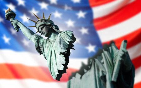 US crisis. Problems of the American economy and politics. The broken Statue of Liberty on the...