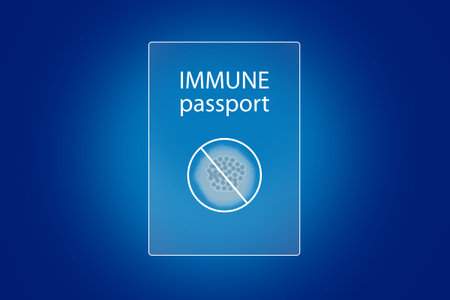 Abstract Immune passport on a blue background. Passport of vaccination. A document on immunity to...