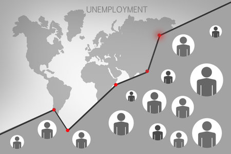 Rising unemployment around the world. Graph of unemployment against the background of the world map. Gray background about the crisis in the labor market. A sharp reduction of jobs in the world.の写真素材