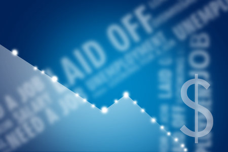 Decline in living standards. Decrease in income of the population. A falling income graph against the background of words about unemployment. Loss of sources of income. Reduction of salaries.の写真素材