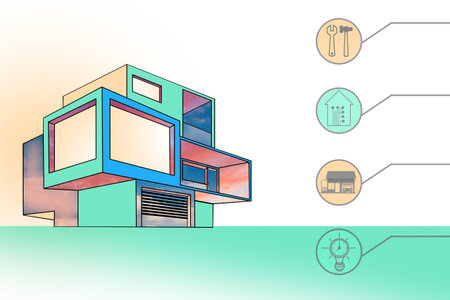Abstract building on the background of Smart Home labels. The futuristic cottage is connected to a...