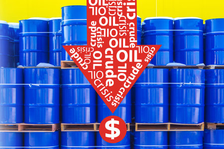 The oil crisis. Down arrow with the inscription Crude oil crisis on the background of barrels. Fuel market crisis. The situation on the hydrocarbon market. Lower prices for fossil energy resources.の写真素材