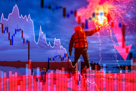 A man gives a signal of SOS. The concept is a financial disaster. A man in an orange vest is a testament to help. Charts show a decline. A man kindles a signal checker. Concept - calls for helpの写真素材