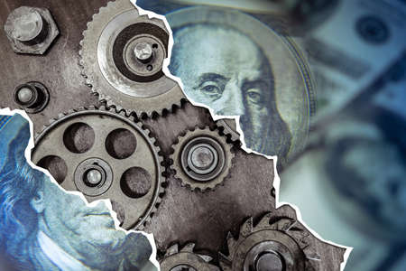 The drop in production levels. Crack in the dollar. Concept - a crack in the US economy. Concept - production decline led to a recession. The industrial crisis. Recession in the United States Economyの写真素材
