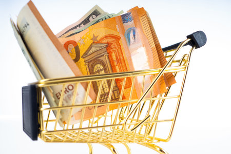 Euro in a miniature trolley. Miniature trolley from the supermarket. Cash different chtran nearby. Concept - buying in the foreign exchange market. Concept - trading. Online shopping. Cash.の写真素材