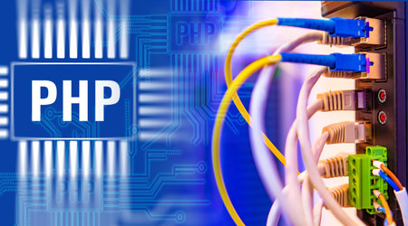 PHP. Network equipment next to the PHP logo. Built-in PHP server. Concept - website development on...