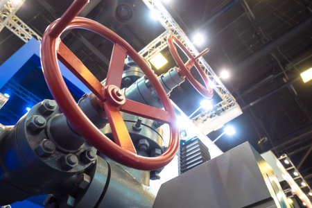 Valve on the pipes. Red taps are located on pipe lines. Cranes for shut off pressure. Concept -...