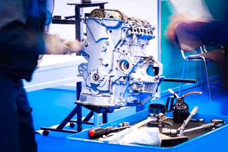 Mechanic disassembles the engine. Disassembled engine next to the repairman. Car repair. Concept -...