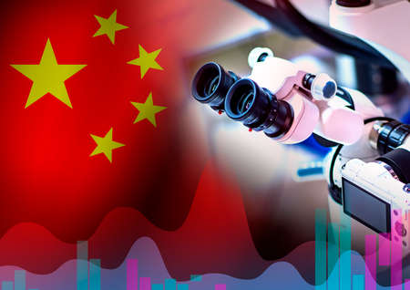 Electron microscope. Chinese flag next to the laboratory. The concept is science in the People's Republic of China. Graph as a symbol of the development of science. Laboratory microscopeの写真素材