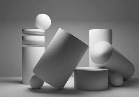 Gray geometric shapes. 3d objects. Volumetric cylinders and spheres. Abstract geometric composition. Background of geometric shapes. White balls and cylinders on the table.の写真素材