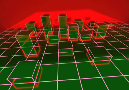 A graphical representation of a large city. 3d layout of a city block. Houses in the form of rectangles on the coordinate grid. Blue-red three-dimensional layout of the city.の写真素材