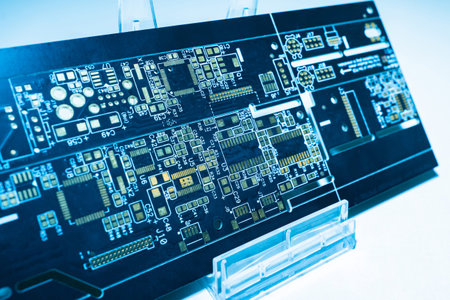 Printed circuit board on a plastic stand. Production of electronic components. Radio-electronic...