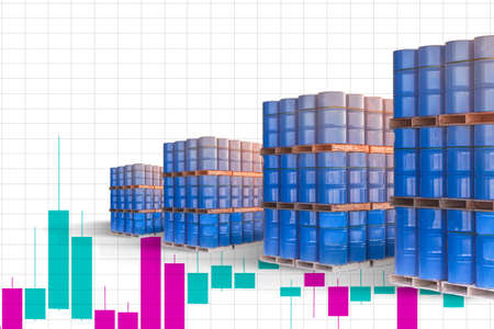 Barrels of blue color. Warehouse with barrels. Oil industry. Refining of petroleum products. Oil on background charts with quotes. Concept - excitement in the oil market. Change in petroleum pricesの写真素材