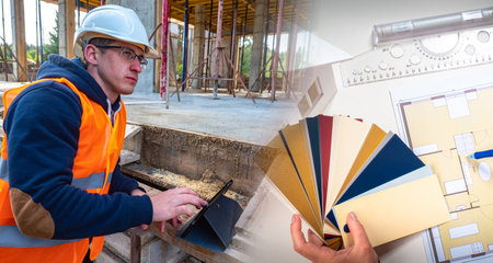 The builder orders building materials through the tablet. Concept - builder orders a laminate. The...