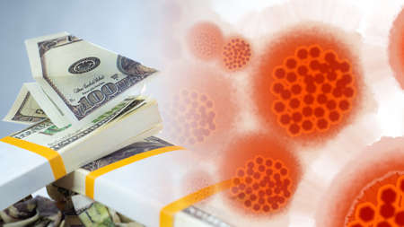 Epidemic has led to a financial crisis. Virus molecules as a symbol of the epidemic. Plane made of money as a symbol of collapse. Collapse of the global financial system. Stock market crash. Dollarsの写真素材
