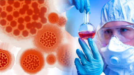 Virus molecules. A man with a test tube close-up. Lab technician examines a sample of the virus....